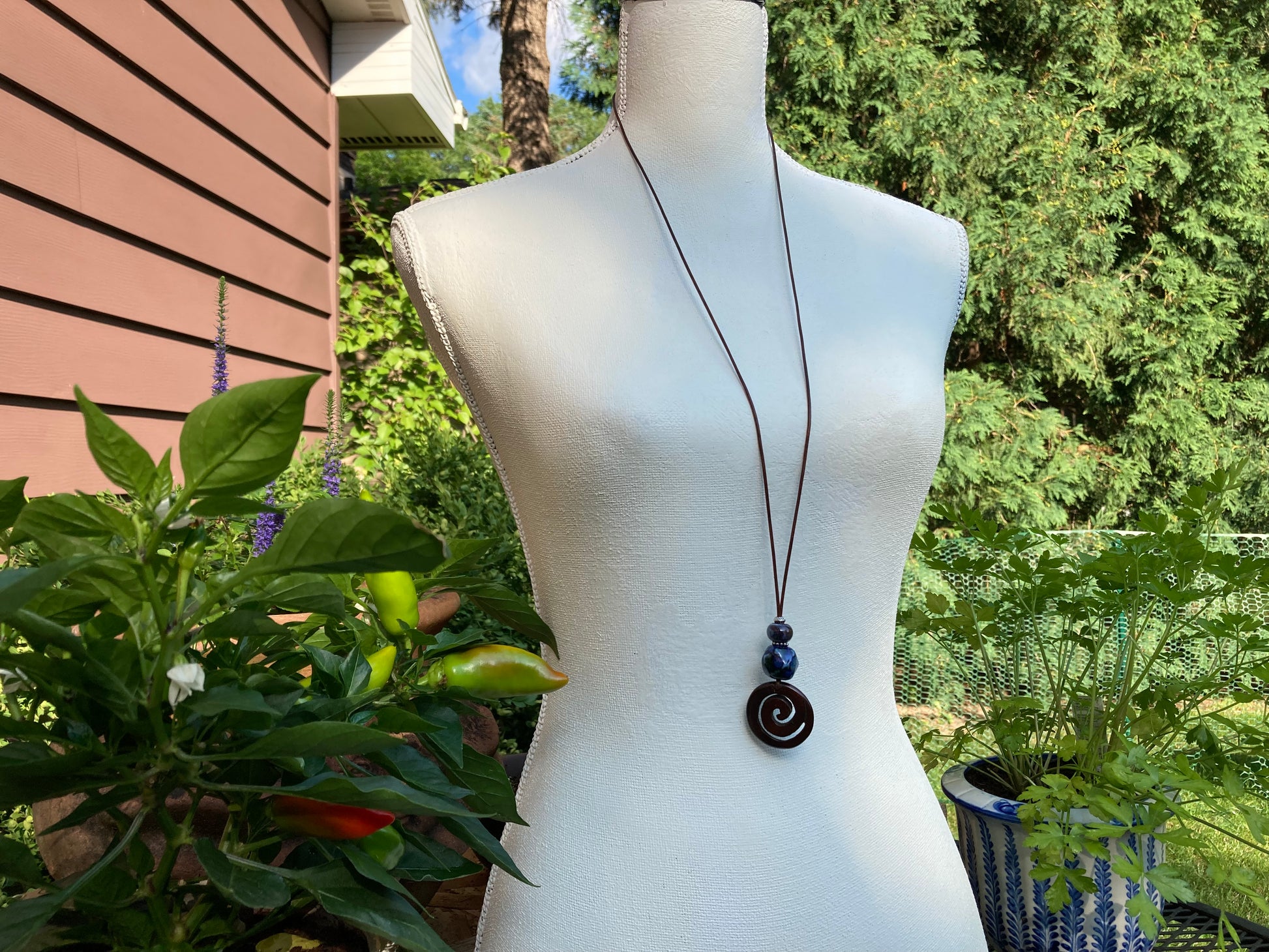 extra long leather necklace with glass beads and wood pendant