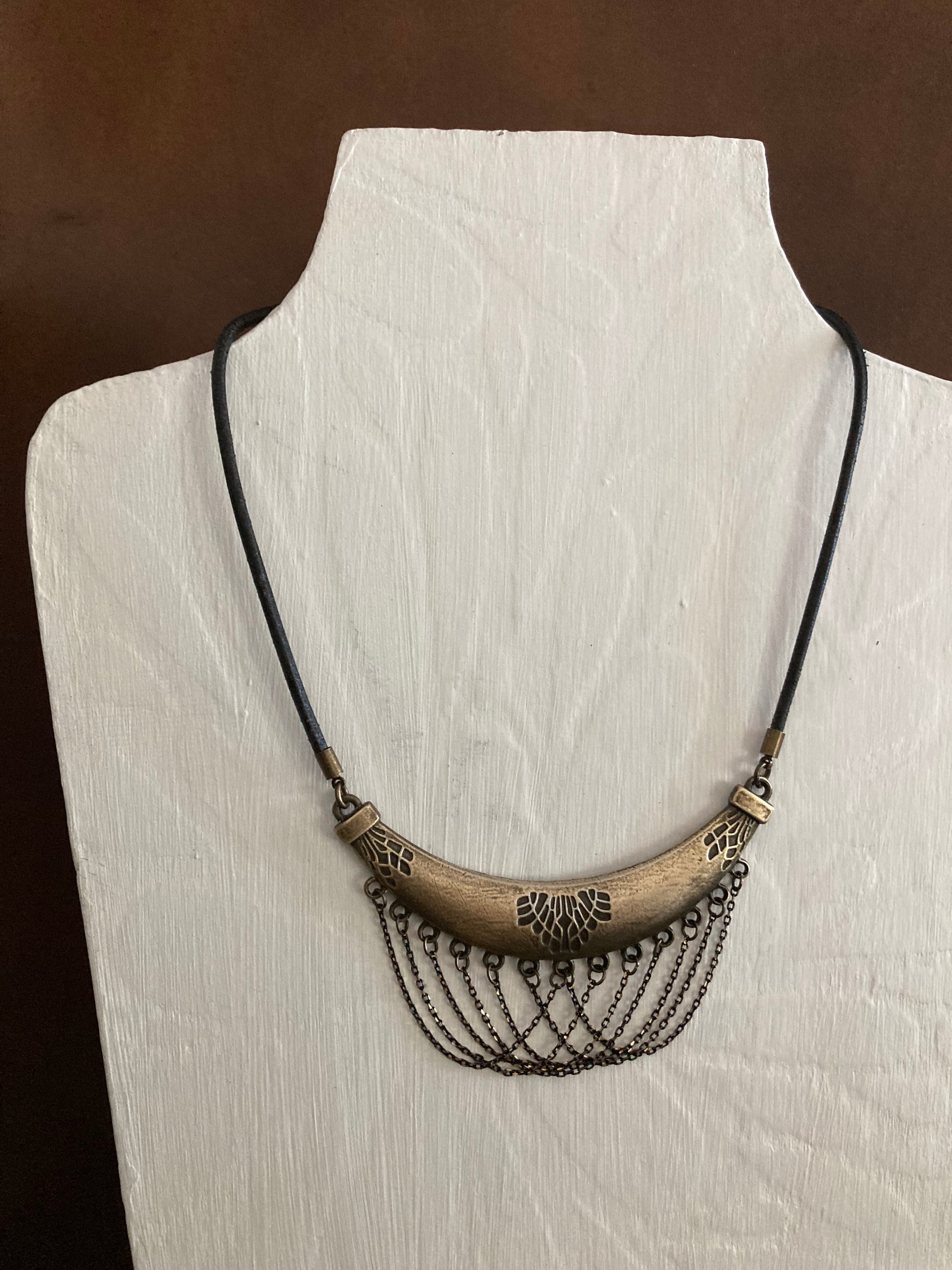 leather and brass pendant necklace with waterfall embellishment
