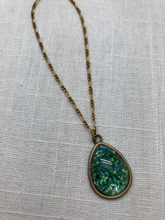 green glass teardrop pendant necklace on brass chain