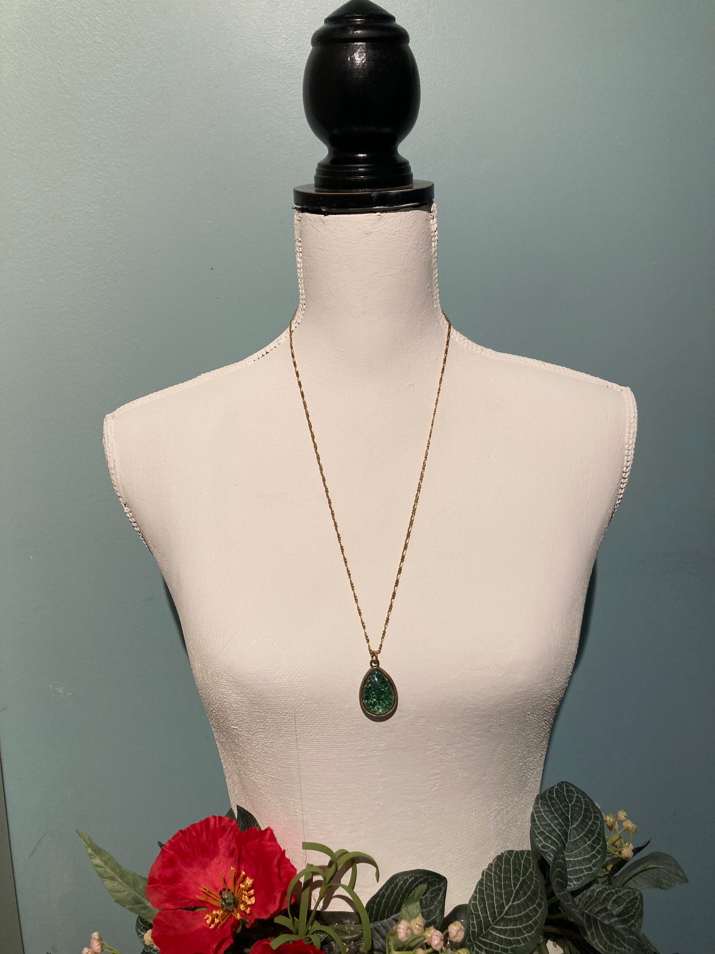 long vintage brass necklace with glass pendant