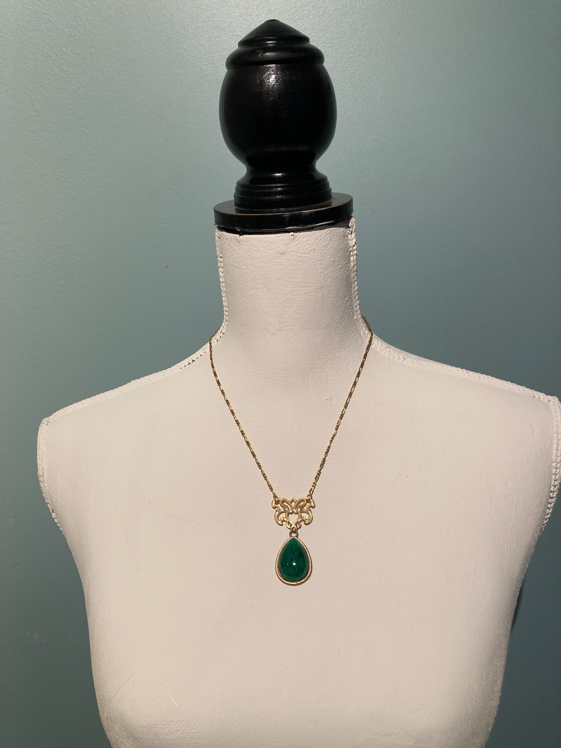 low hanging large jade pendant necklace on antique brass chain