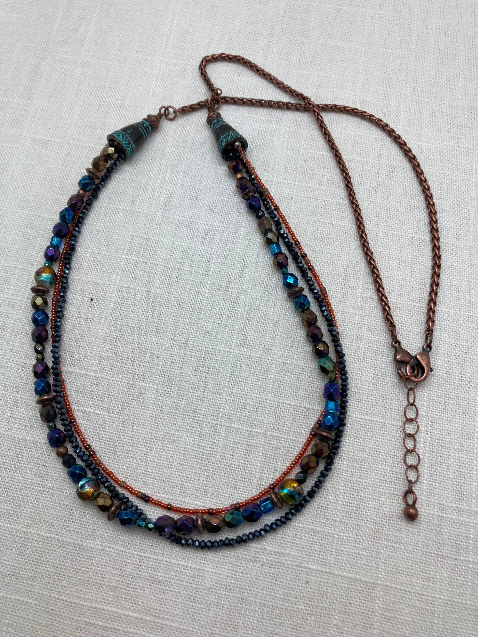 blue and orange copper three strand necklace