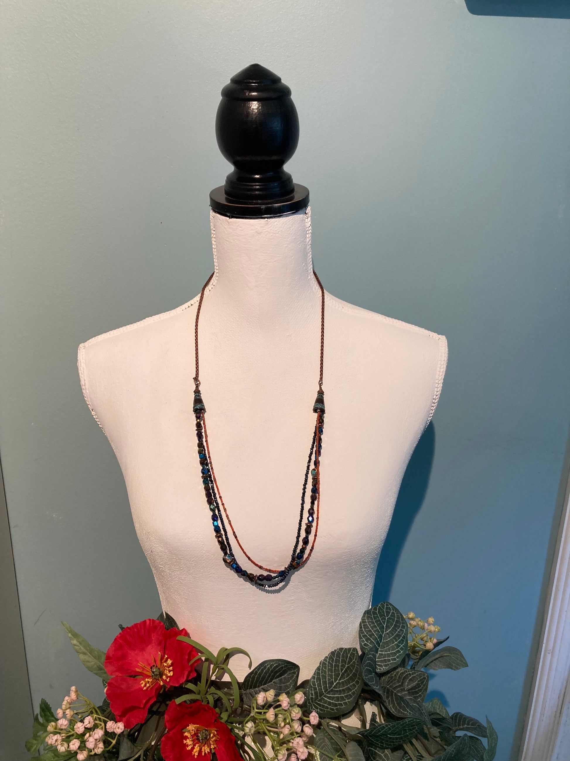 extra long adjustable three stand necklace with beads and copper