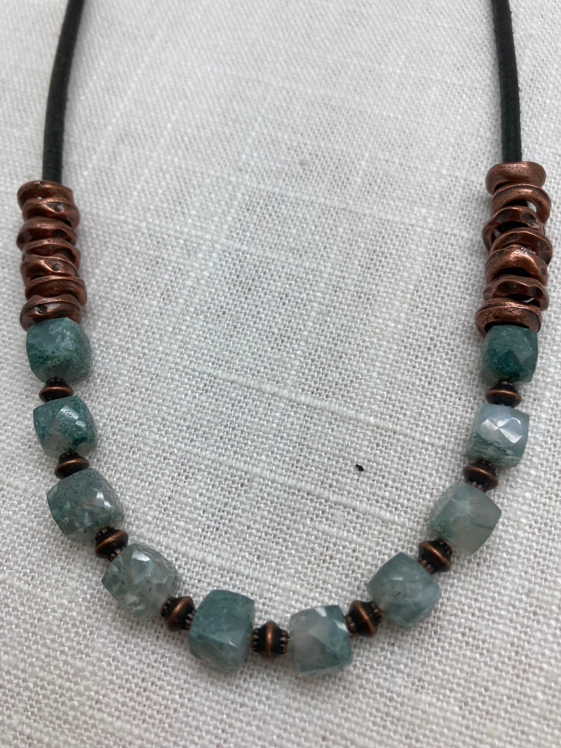 leather necklace with gemstones and copper