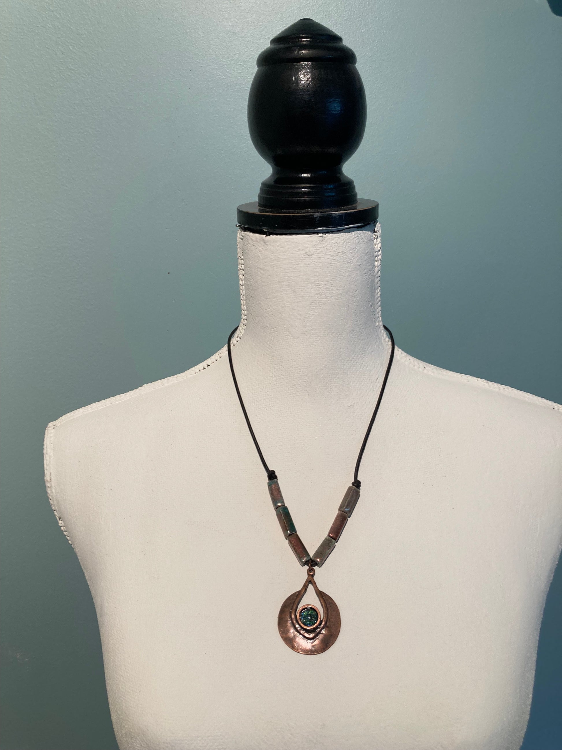 raku bead and leather necklace