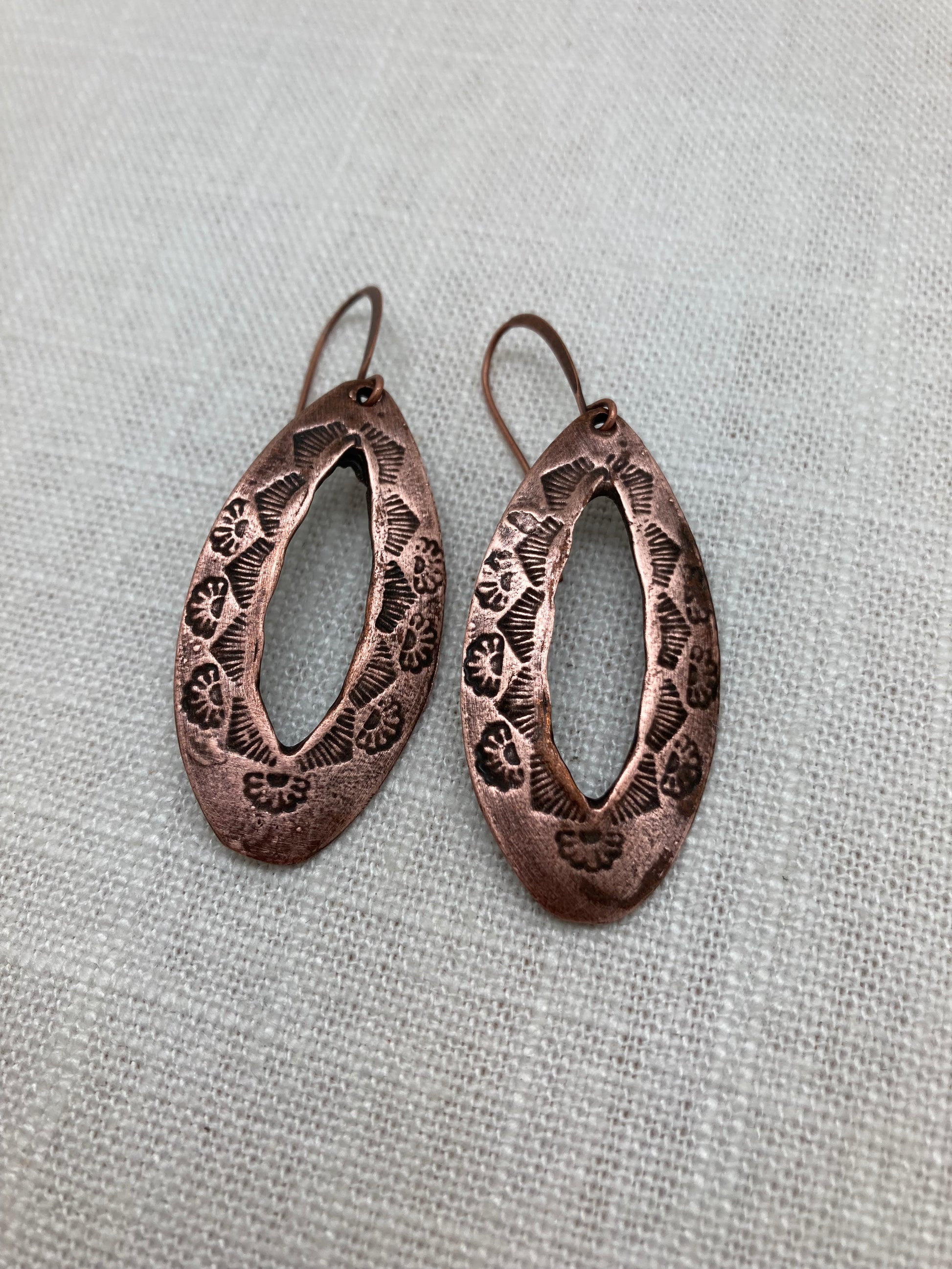 dangly stamped copper earrings