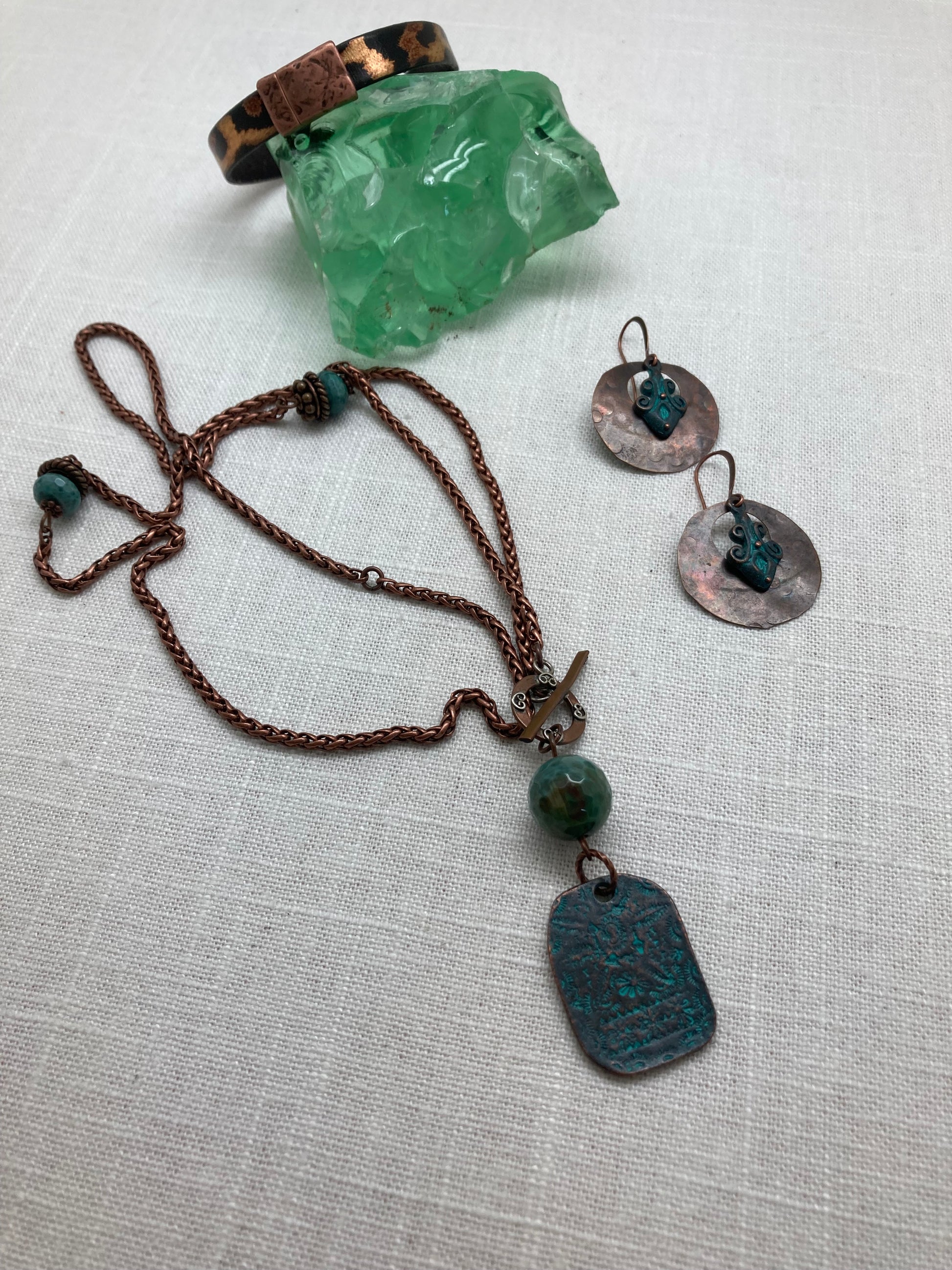 patina copper dog tag necklace with turquoise agate beads