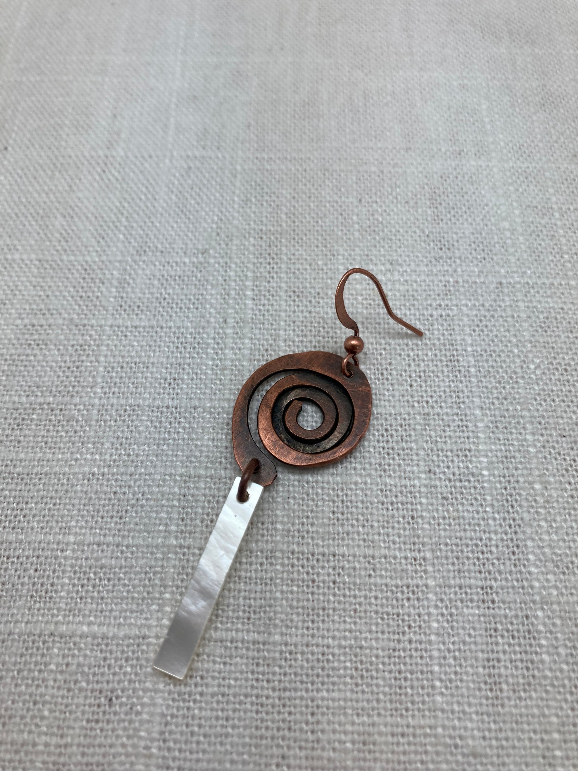 copper swirl earrings with pearl bar