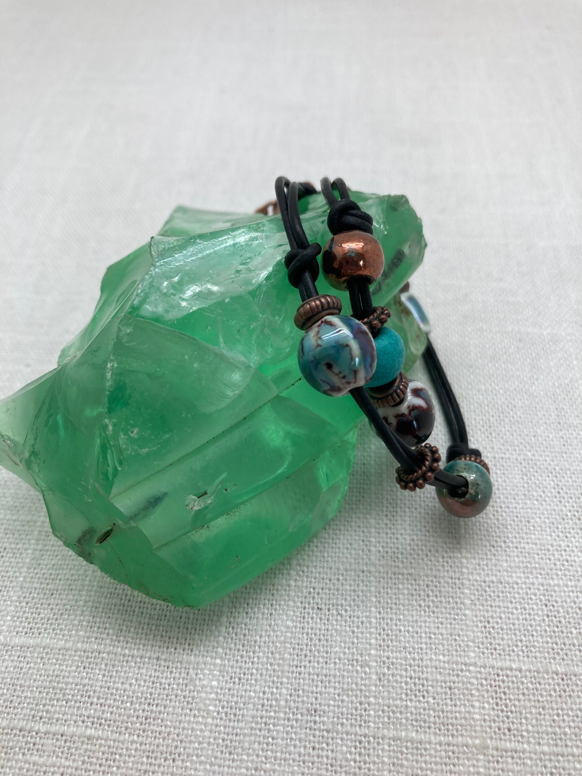 leather bracelet with copper and ceramic beads