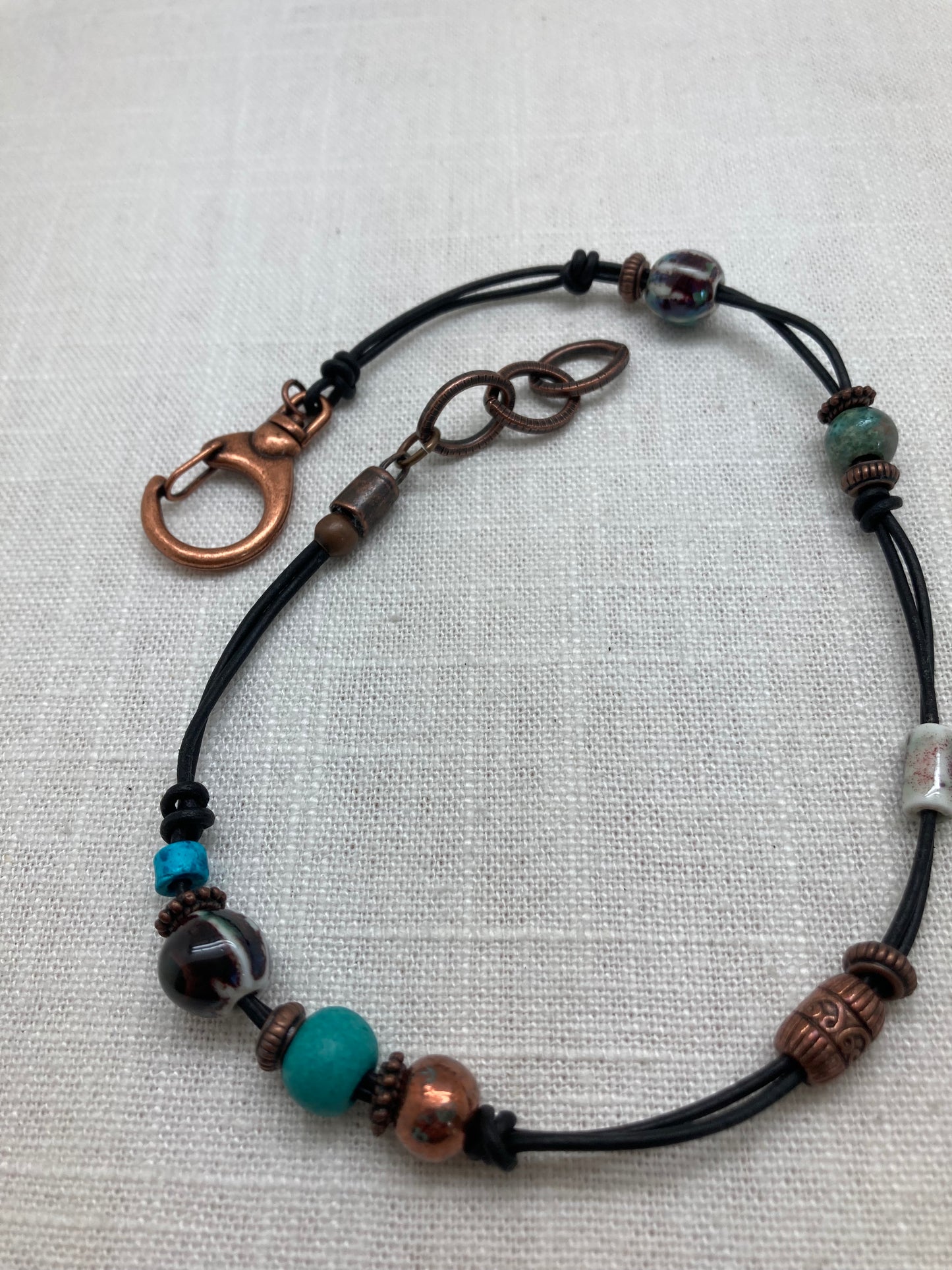 blue and copper leather bracelet