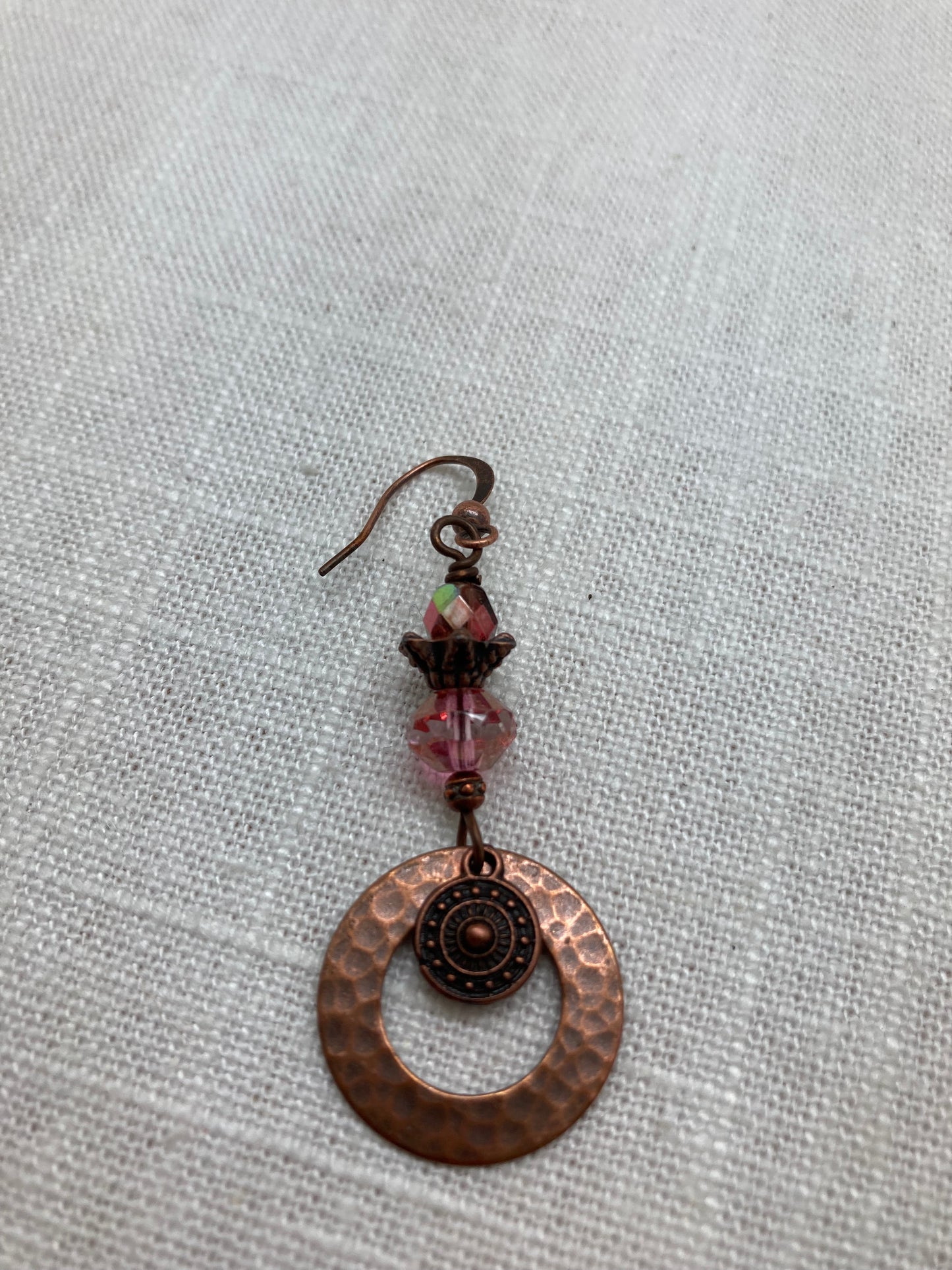hammered copper circle earrings with pink