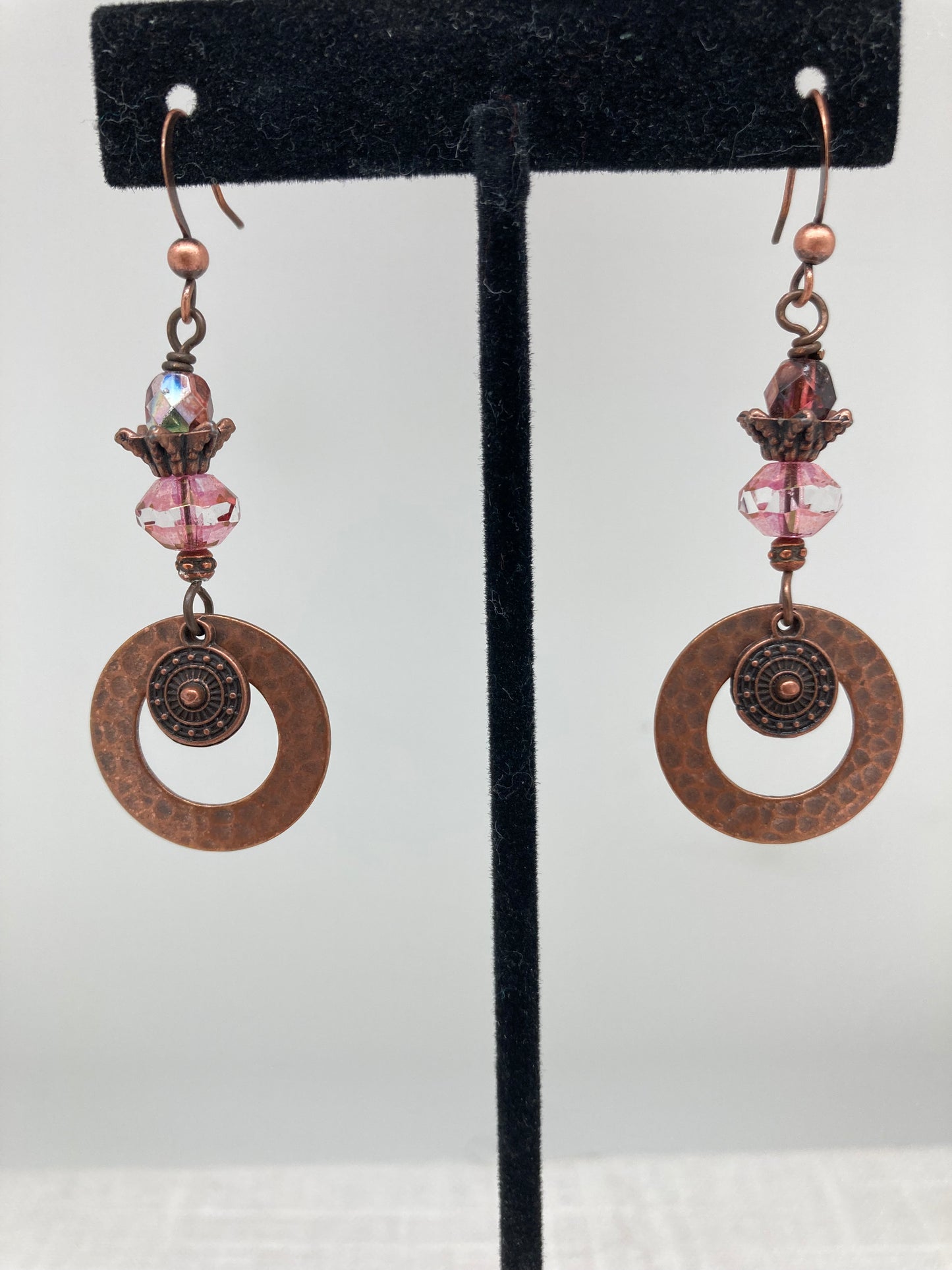 stacked copper bead earrings with hammered circles