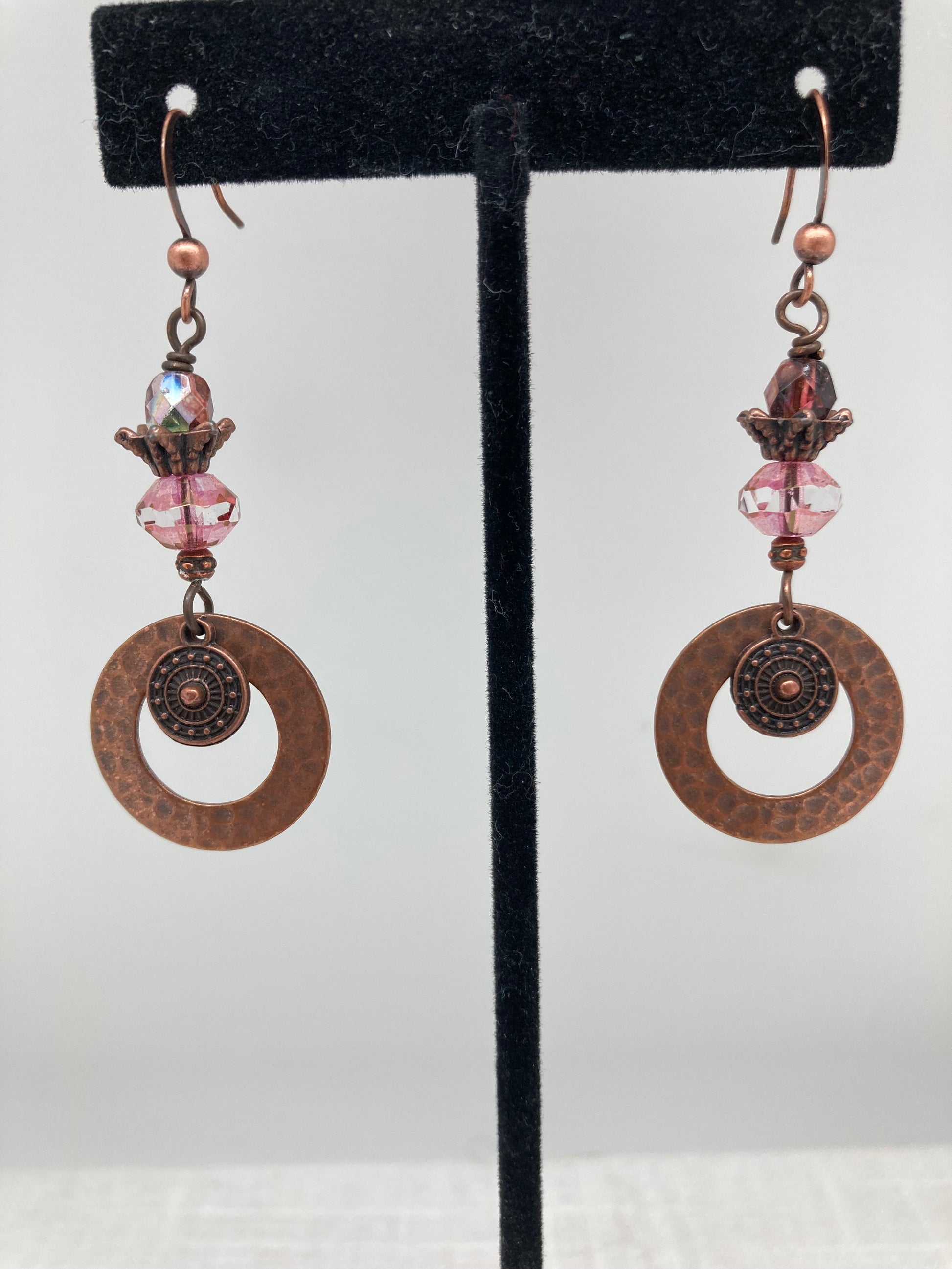stacked copper bead earrings with hammered circles