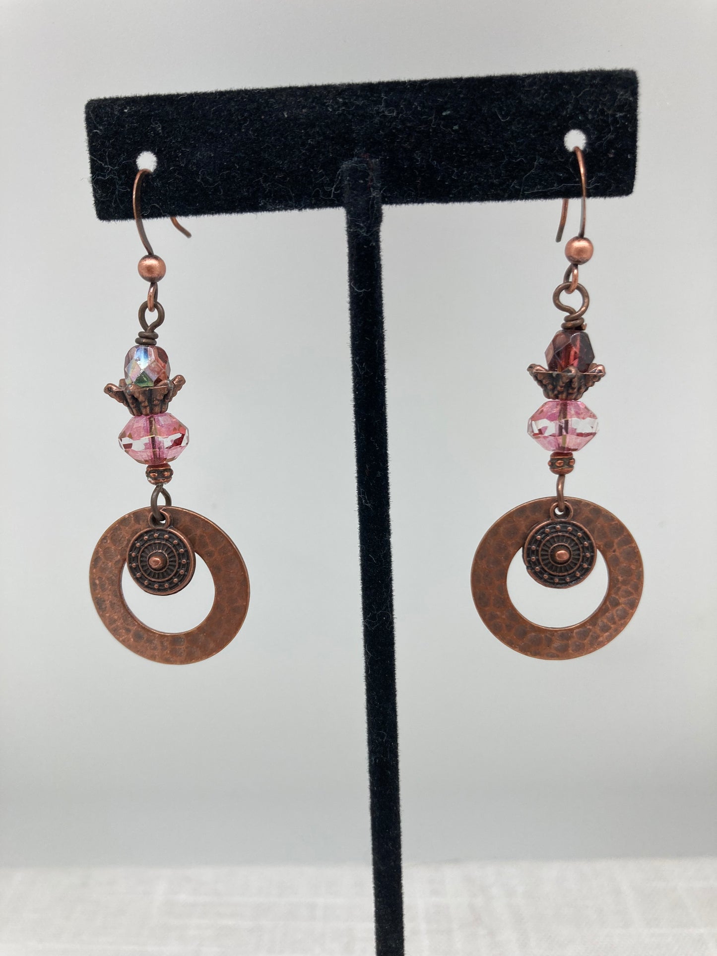 fishook dangle earrings with pink beads and hammered copper