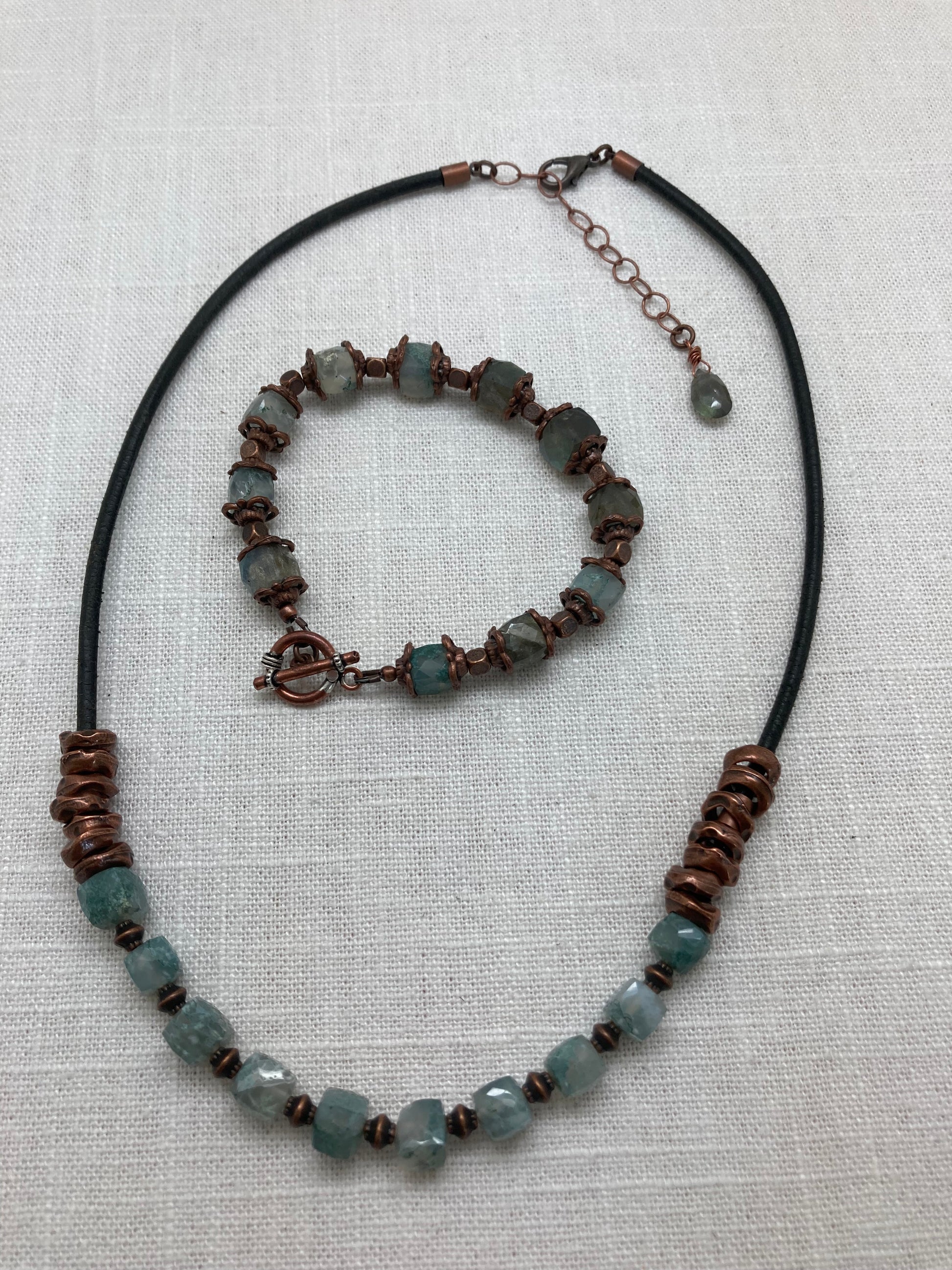 labrodorite gemstone necklace with copper and leather