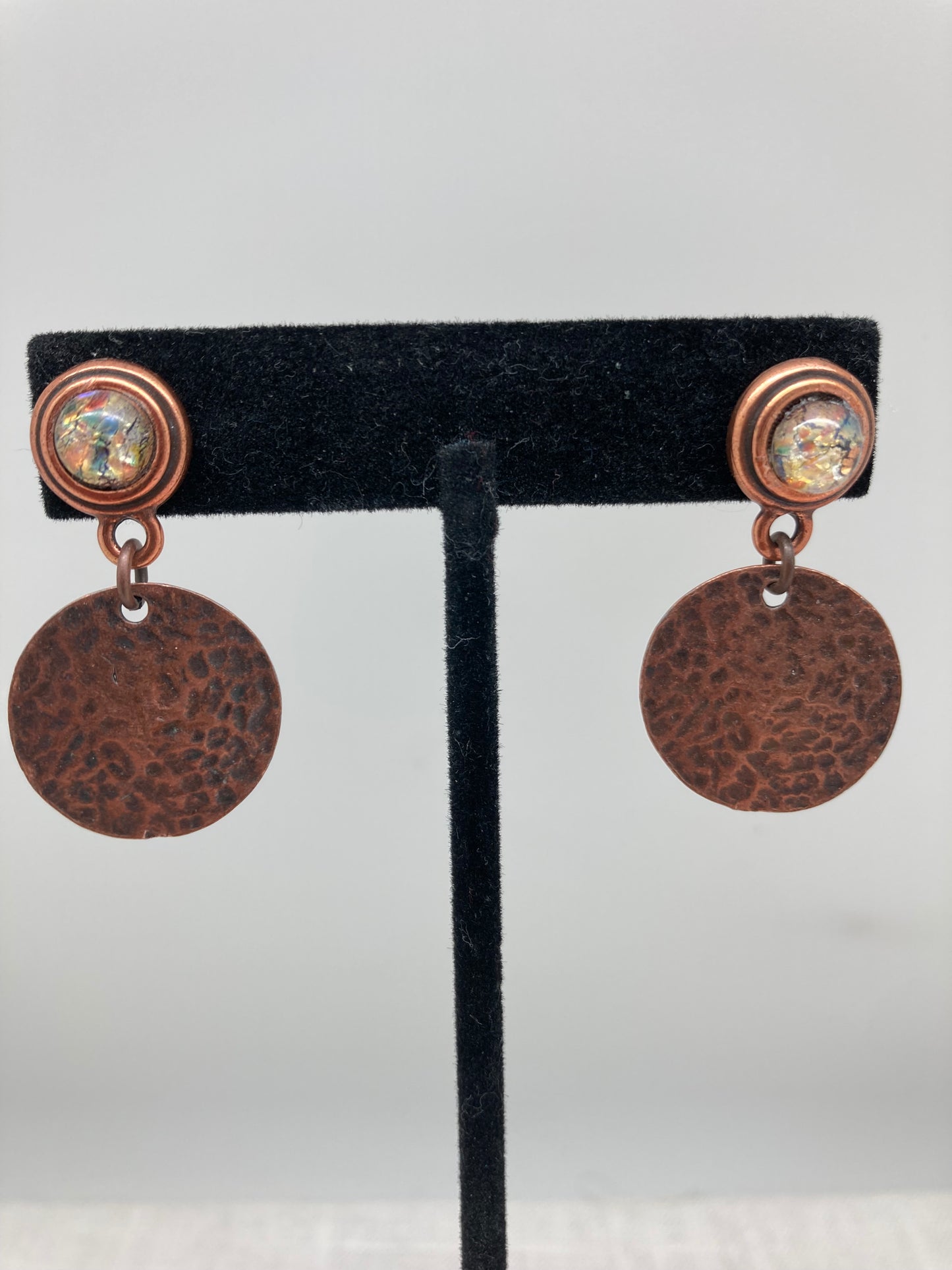 post earrings with opal glass cabochon and hammered copper drop