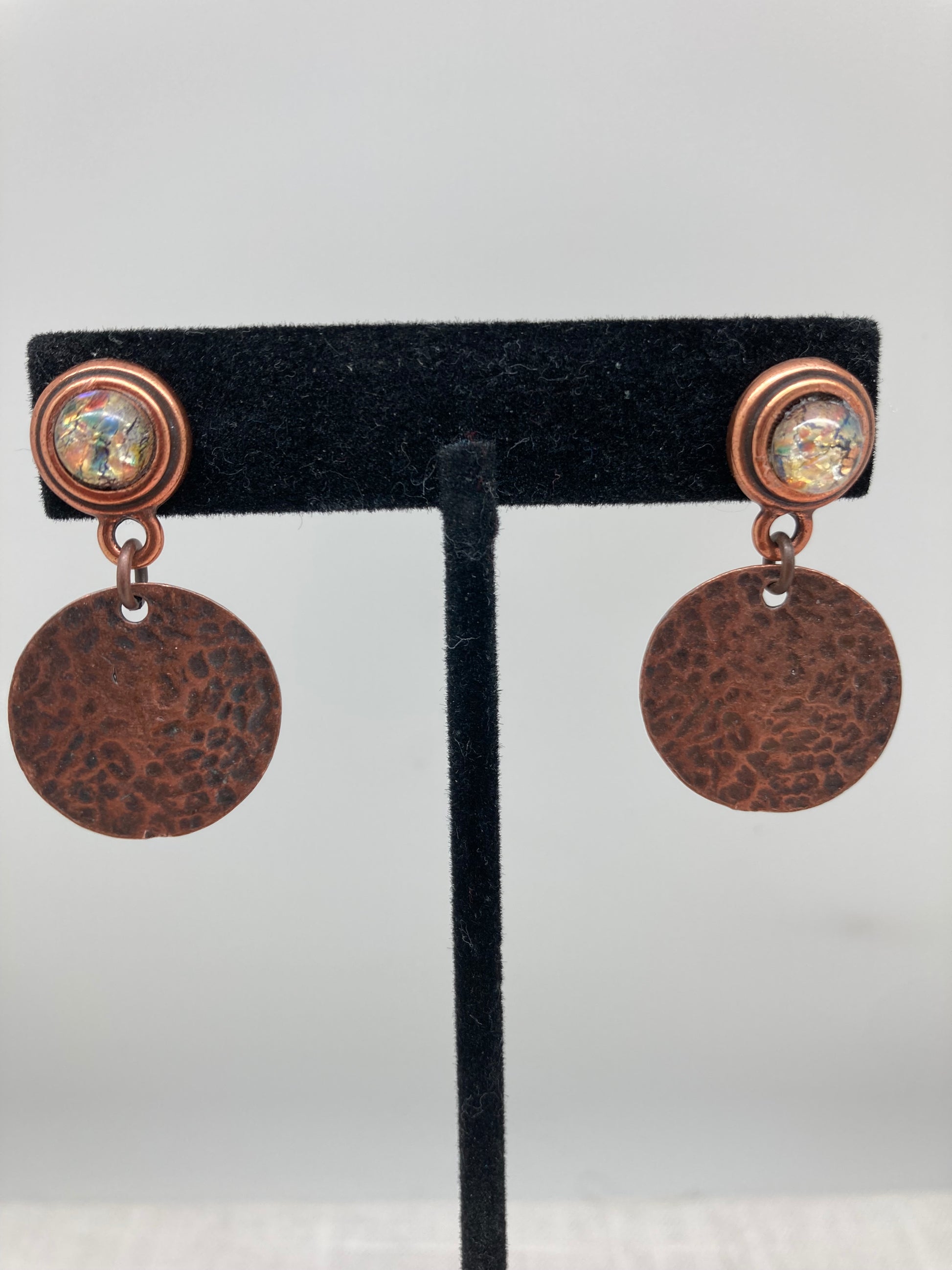 post earrings with opal glass cabochon and hammered copper drop