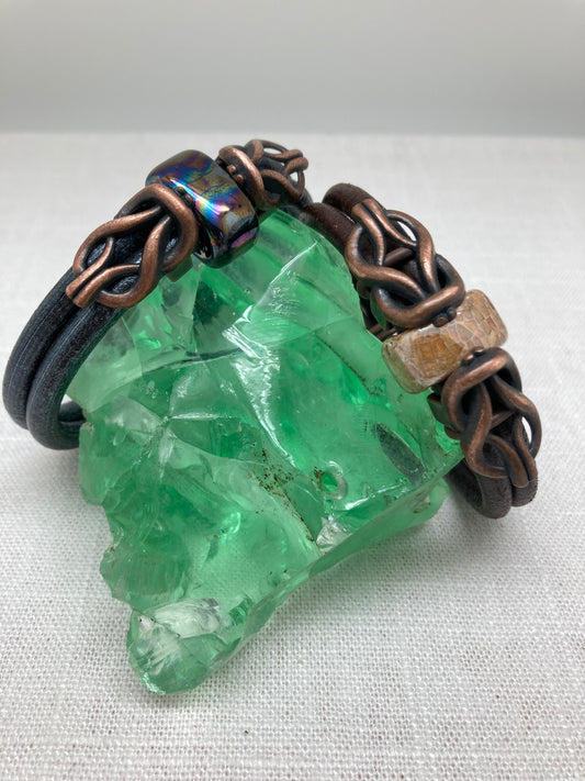 leather bracelet with copper knots and ceramic beads