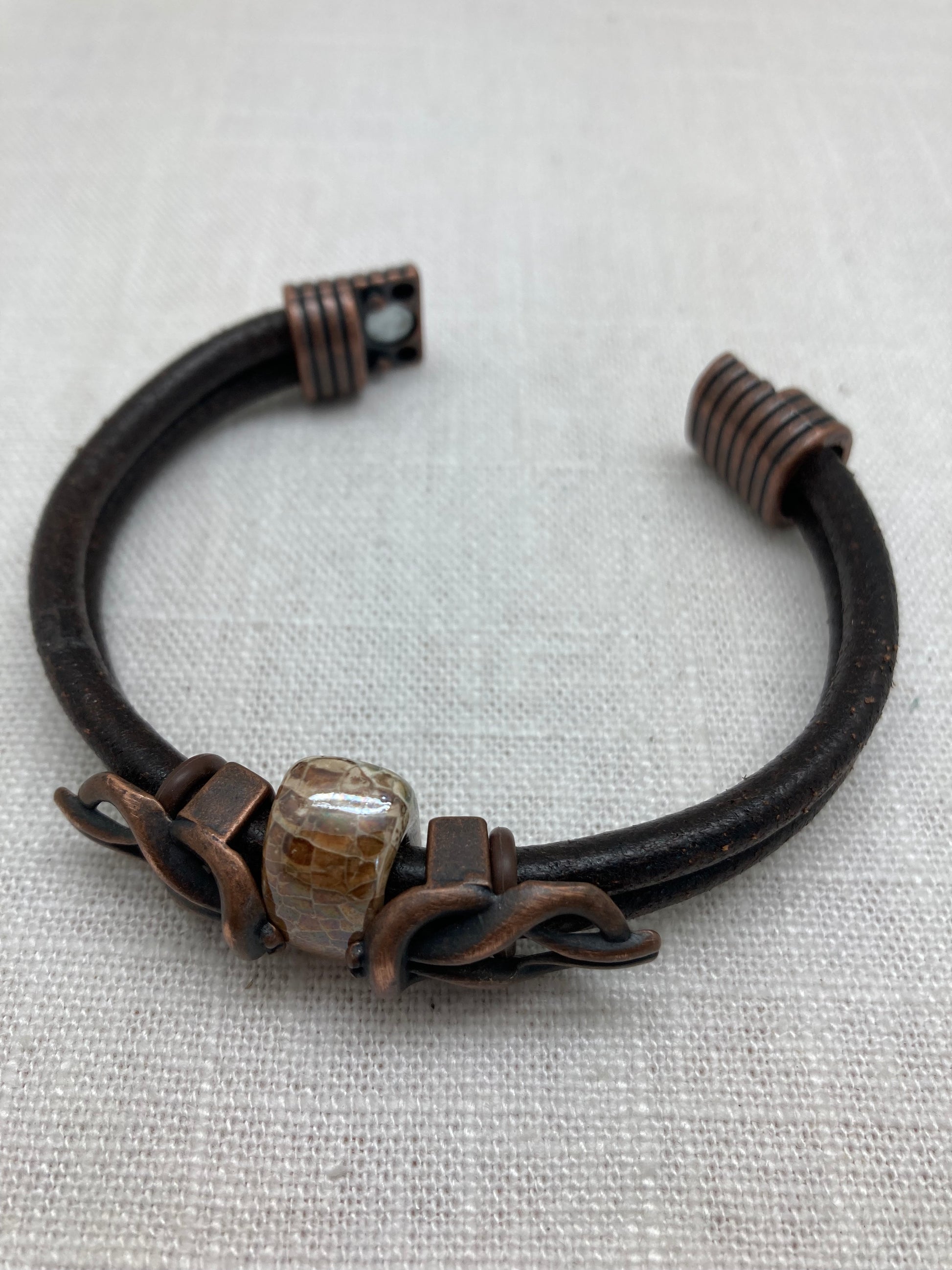 dark brown leather and copper bracelet with magnetic clasp