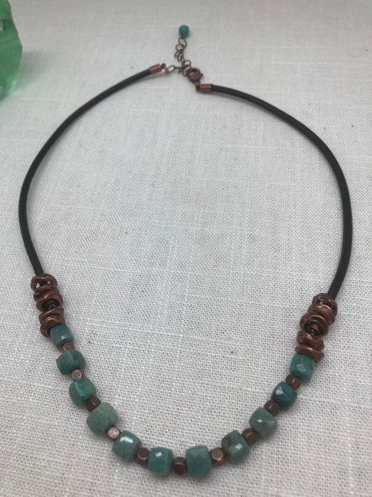 leather necklace with cube-shaped gems and copper beads