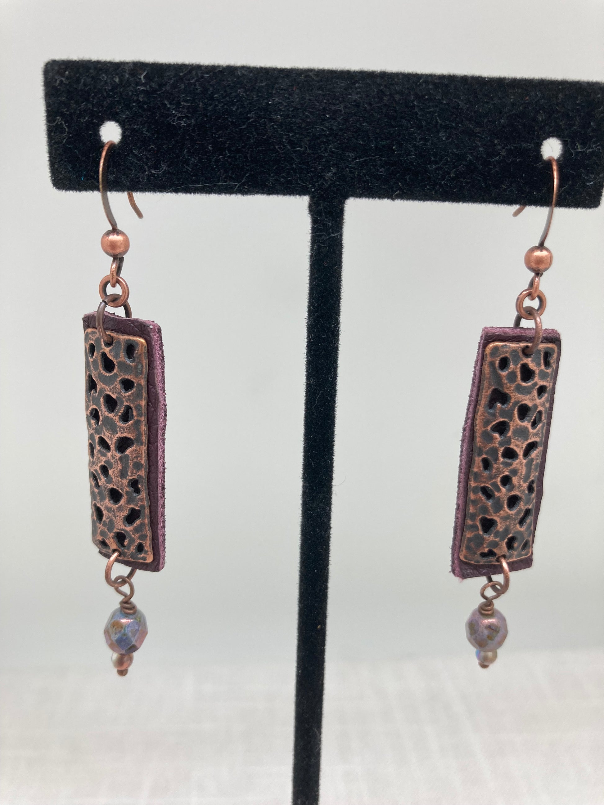 mottled copper and leather fishook earrings