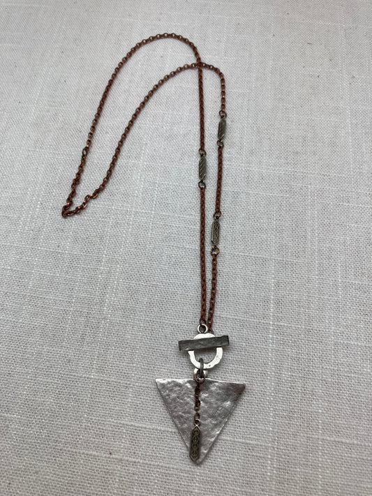 hammered silver triangle necklace with copper chain