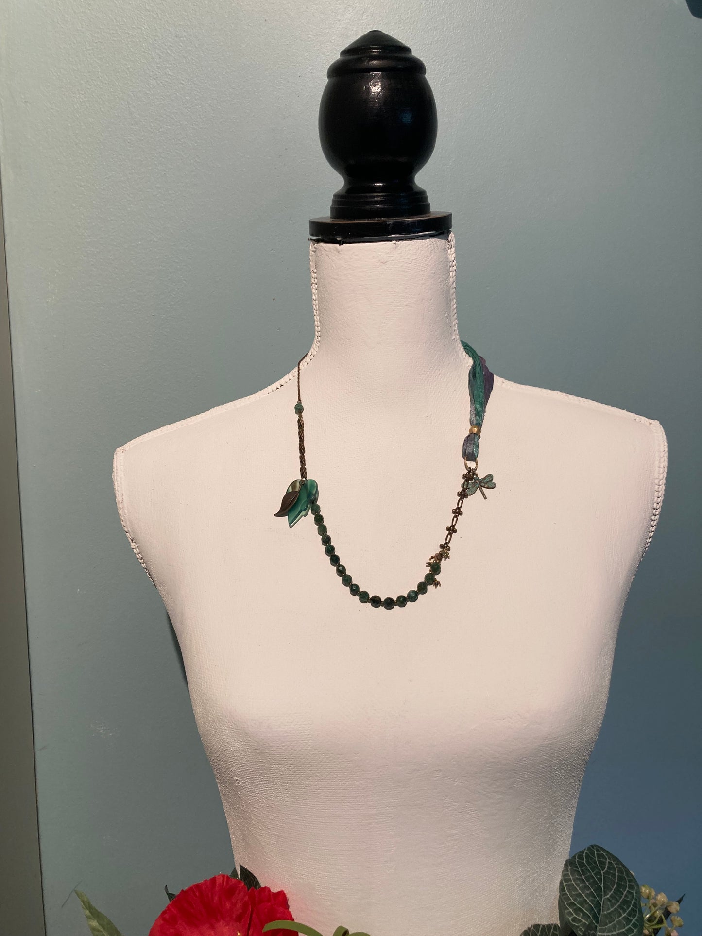 green and turquoise silk, bead, and chain necklace