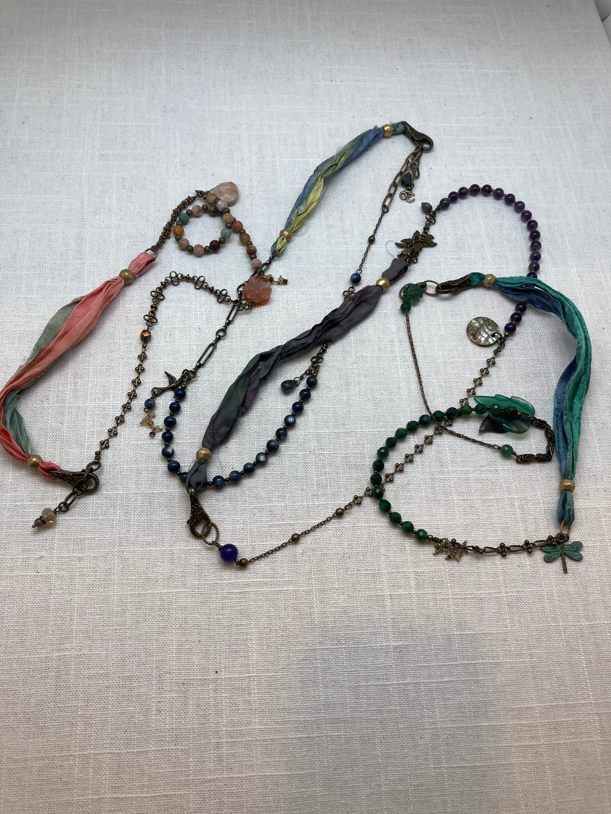 sari silk, bead, and chain necklace or wrap bracelet