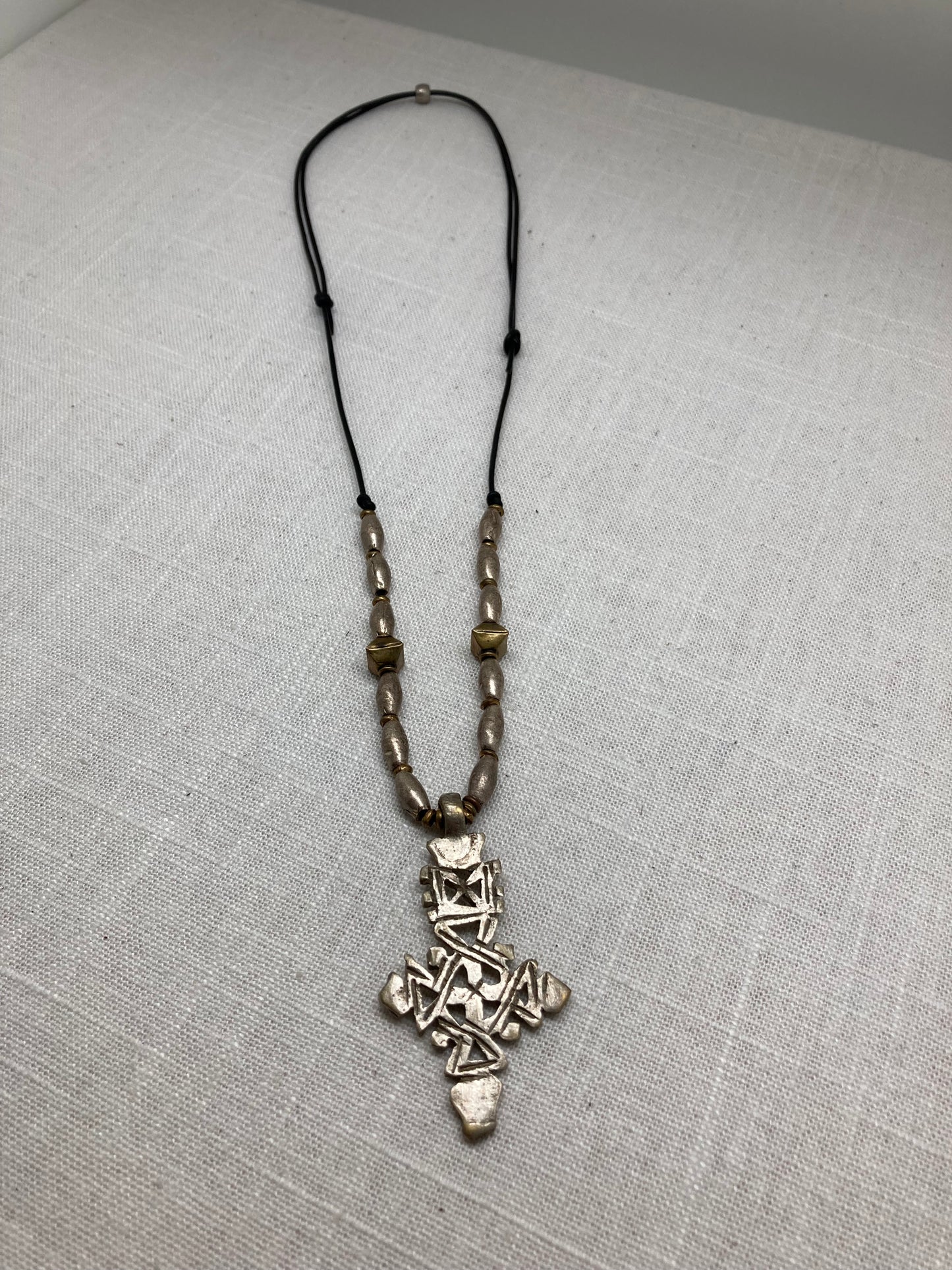 Pewter and Brass Cross Pendant Necklace