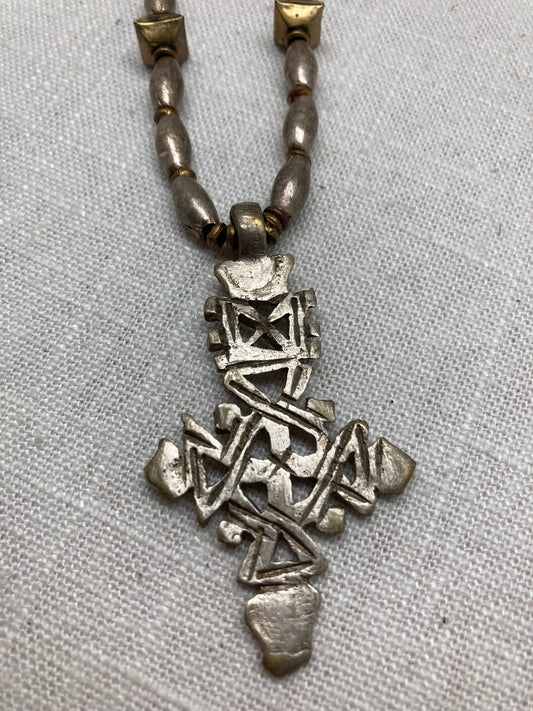Pewter and Brass Cross Pendant Necklace
