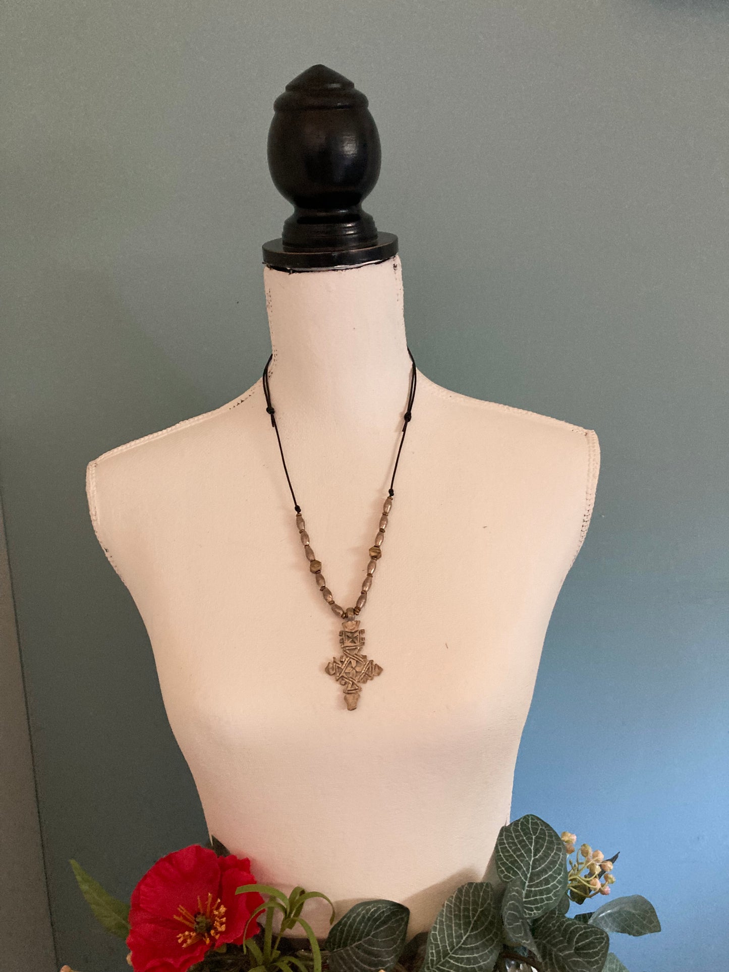 Pewter and Brass Cross Pendant Necklace