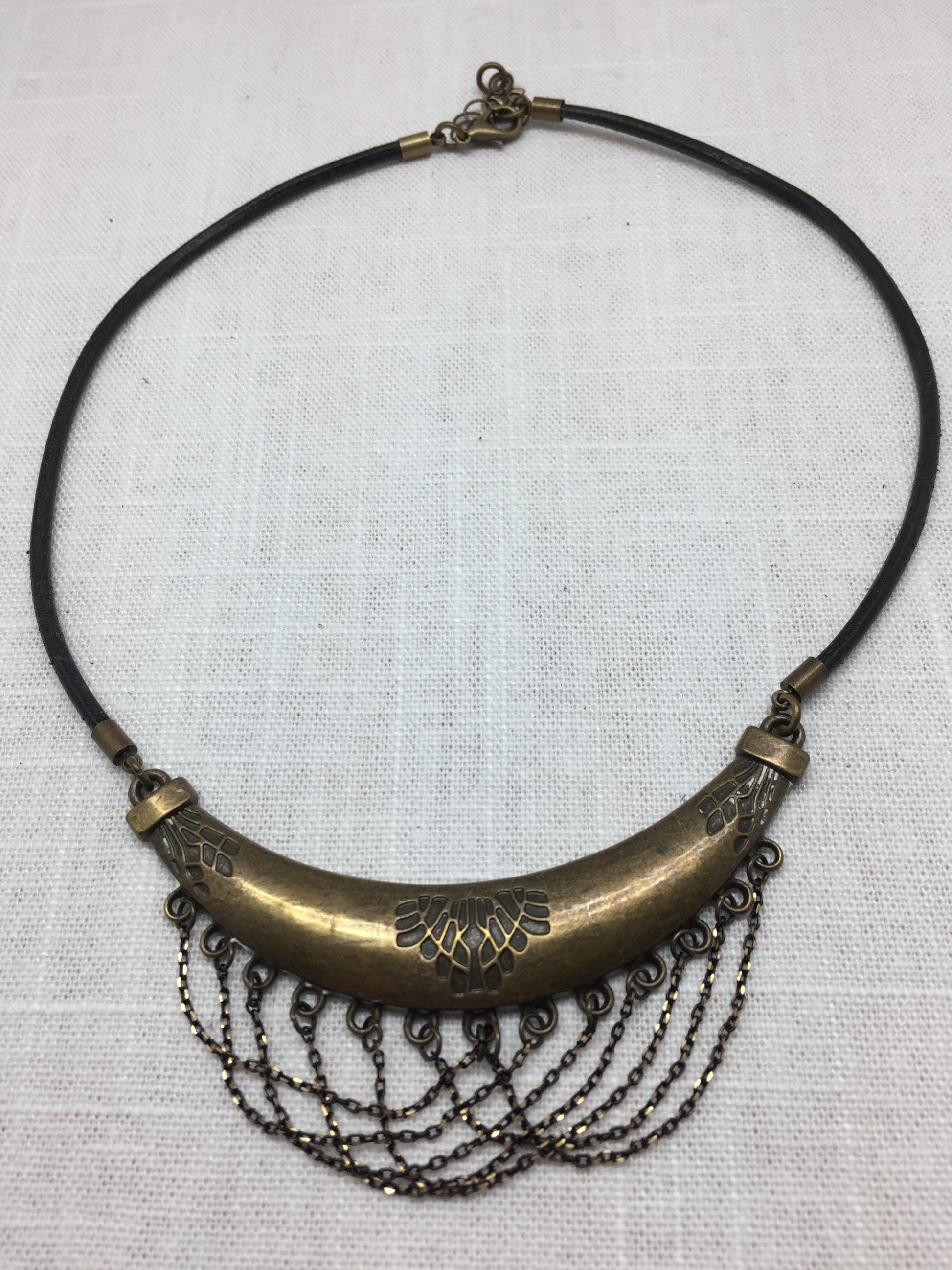 adjustable leather necklace with brass pendant and waterfall chains