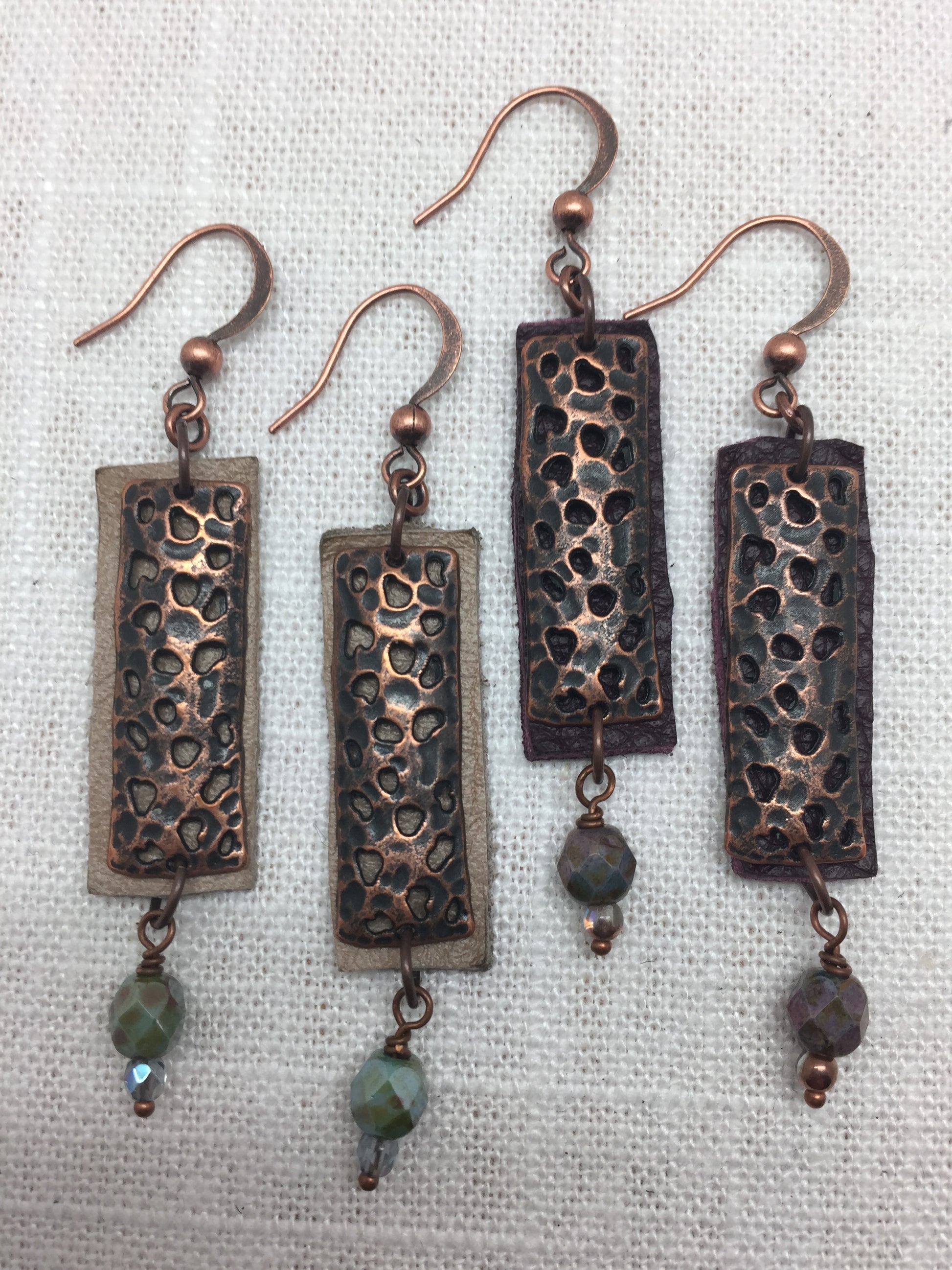 leather and copper earrings with Czech crystal beads