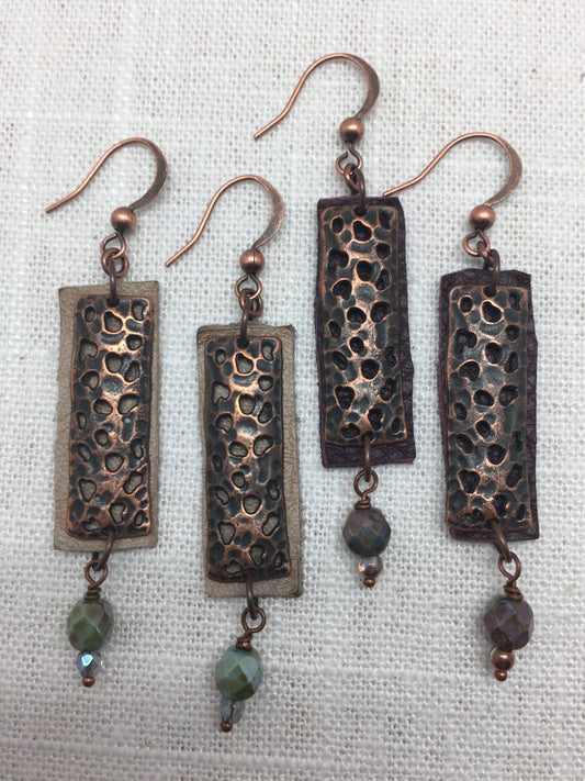 leather and copper earrings with Czech crystal beads