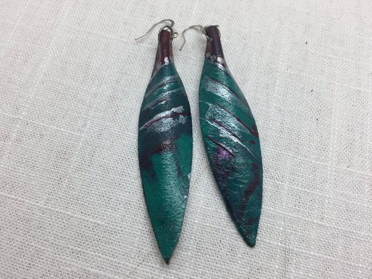 teal and silver painted leather earrings