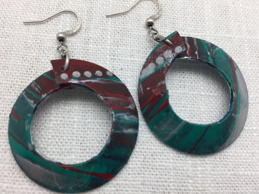 teal and silver painted leather earrings