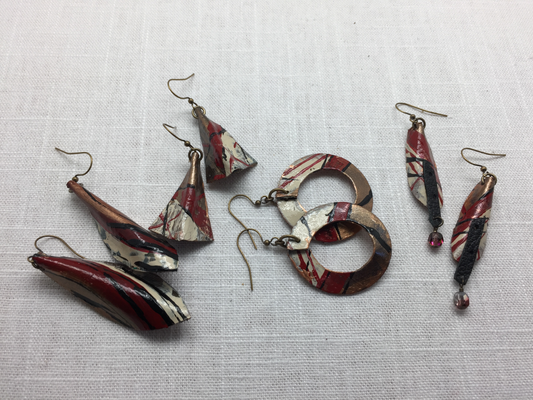 red and bronze painted leather earrings