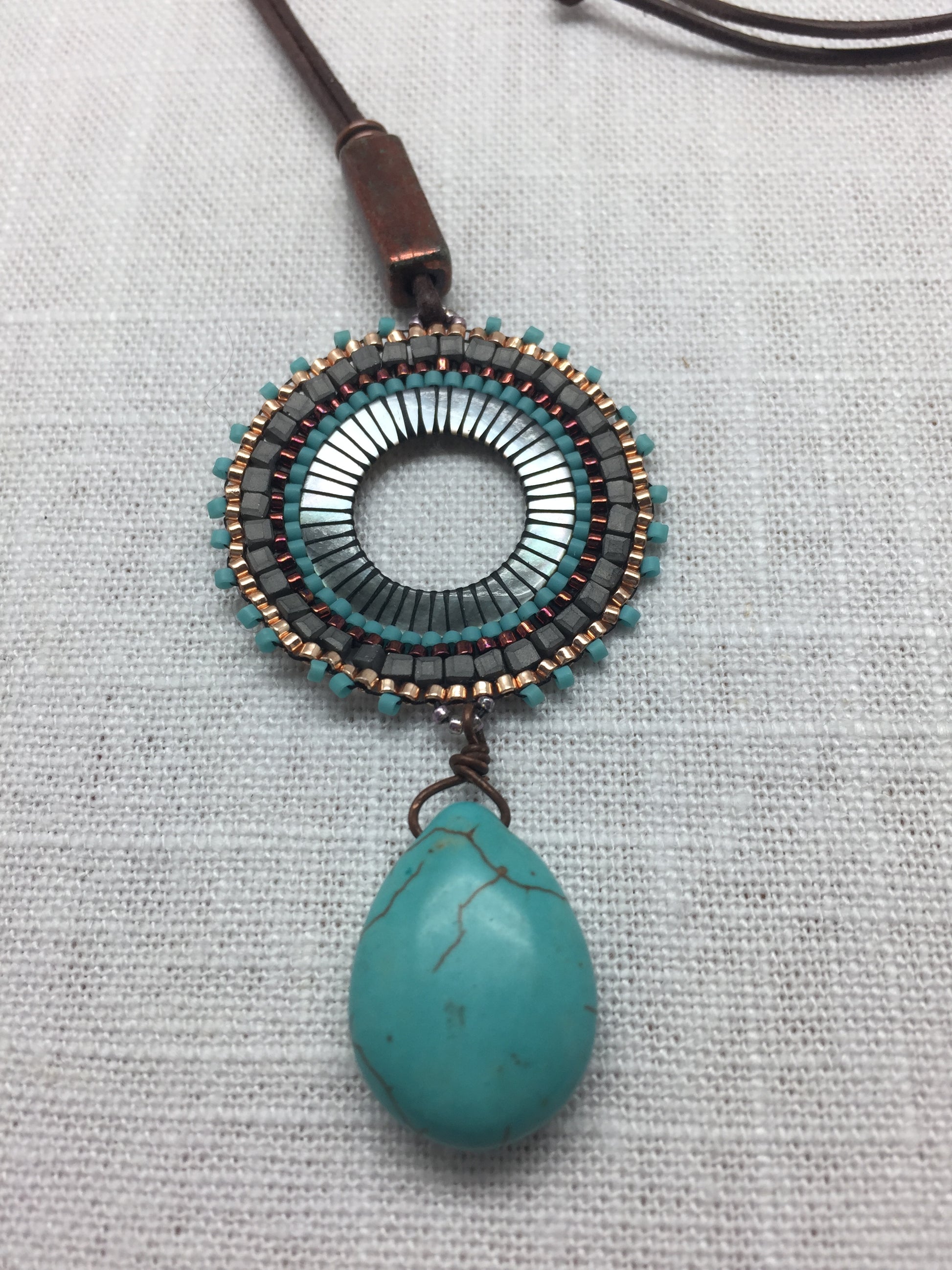 turquoise and copper leather pendant necklace