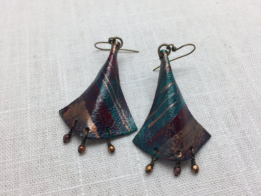 burgundy and bronze painted leather earrings