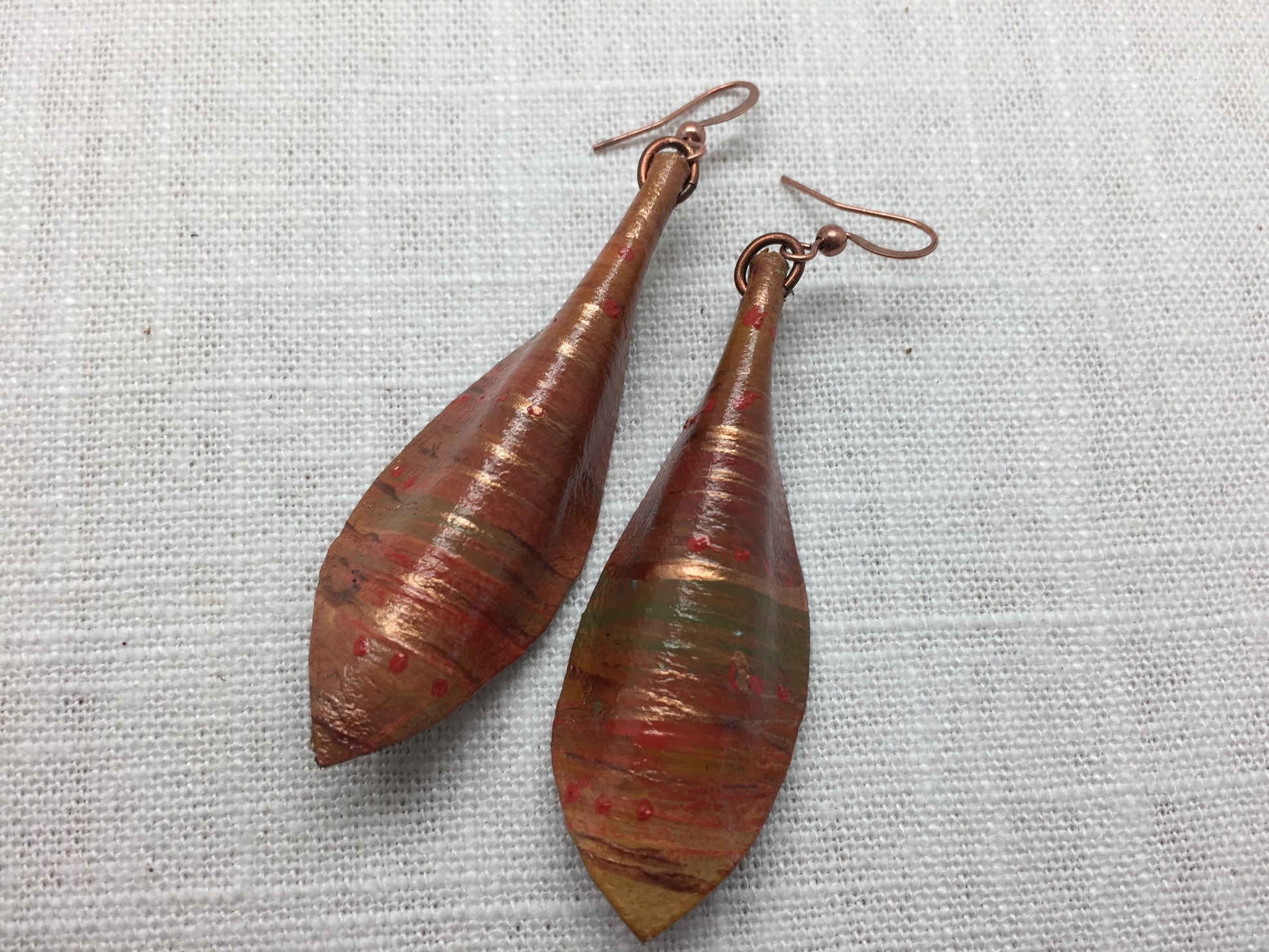 leaf shaped leather earrings copper