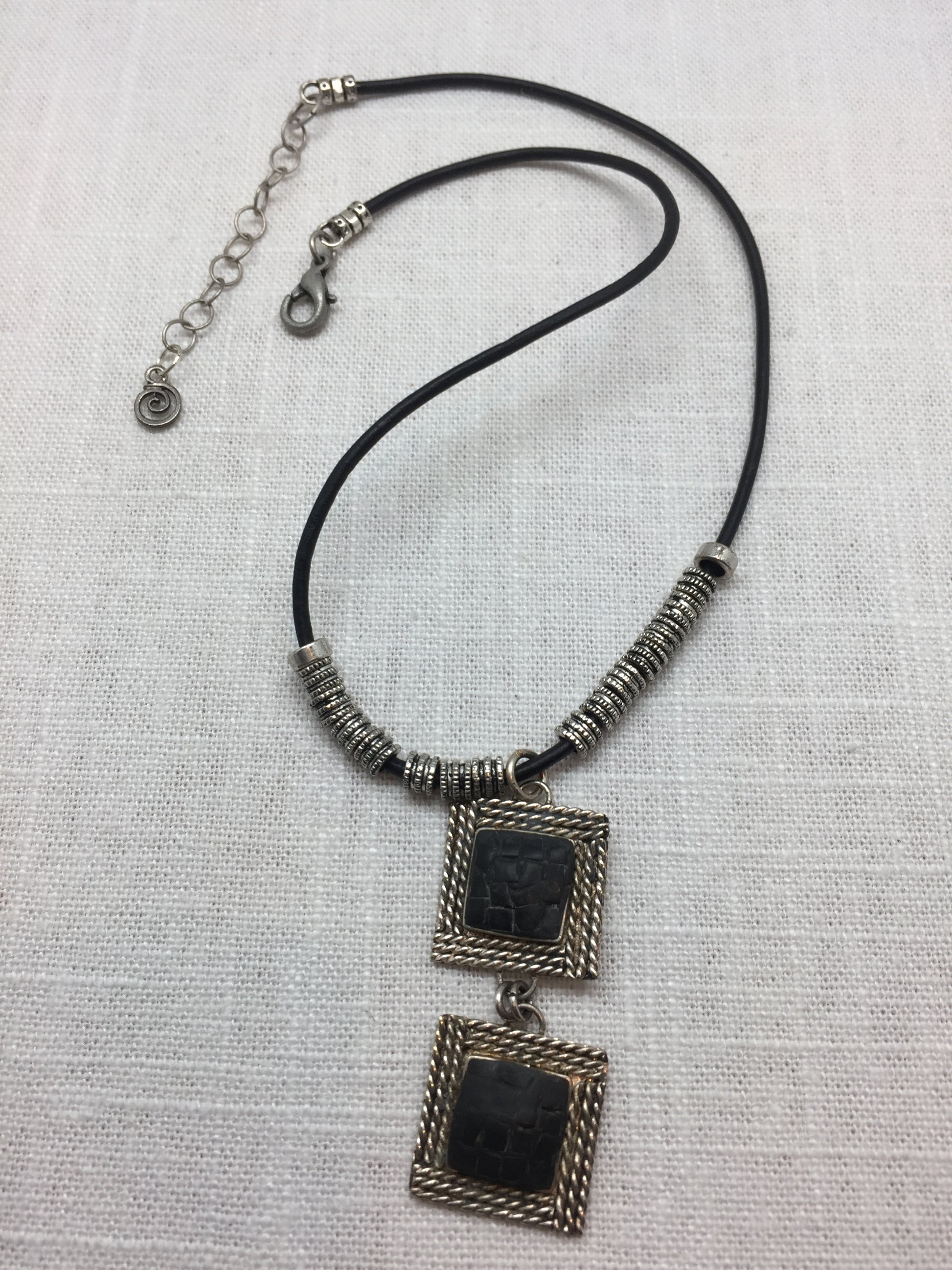 soft black leather necklace with black mosaic pendant and Tibetan antique silver
