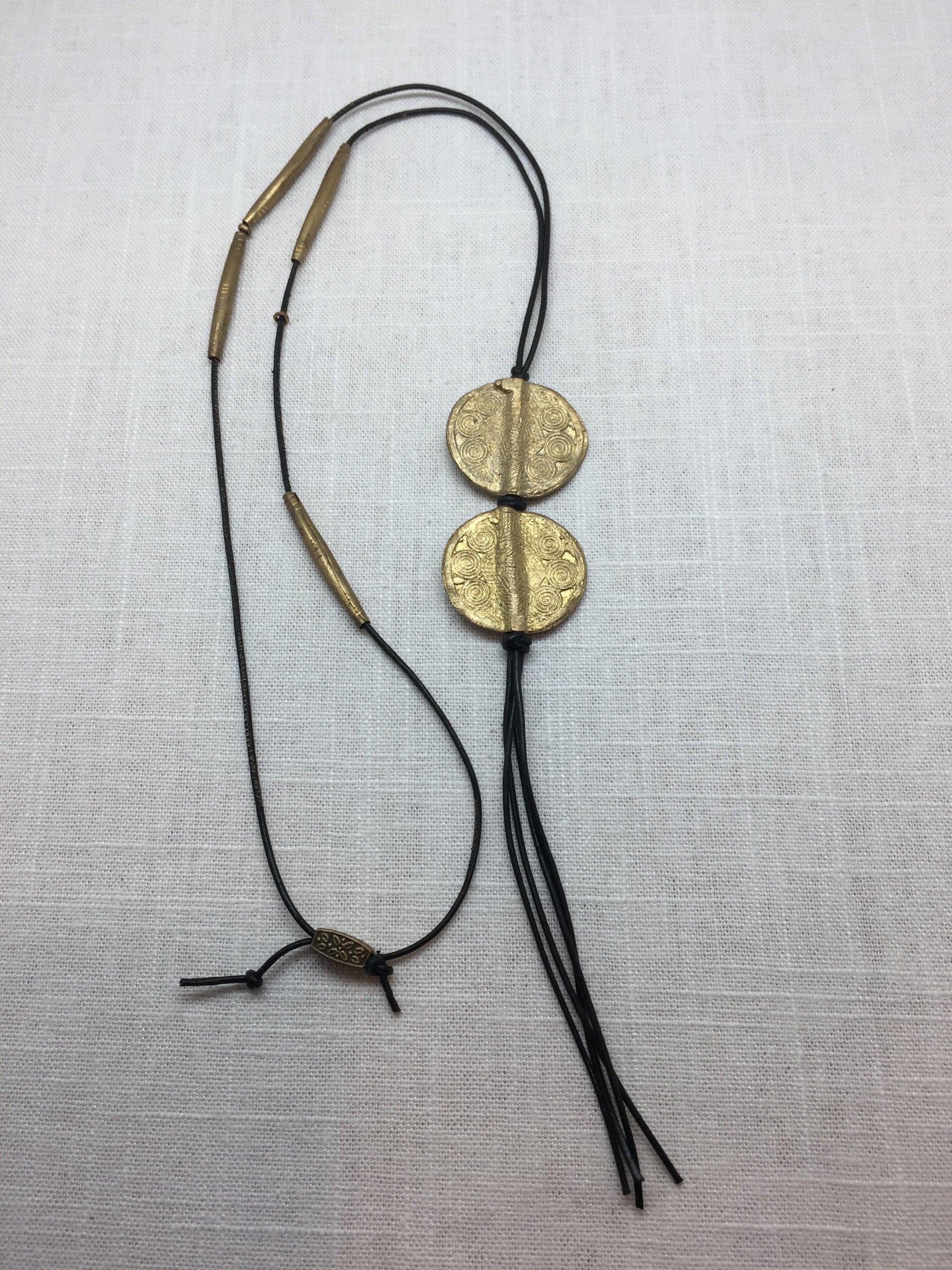 Bronze Ghana medallions on leather necklace with bronze tube beads