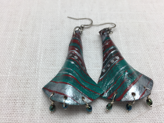 teal and silver painted leather earrings