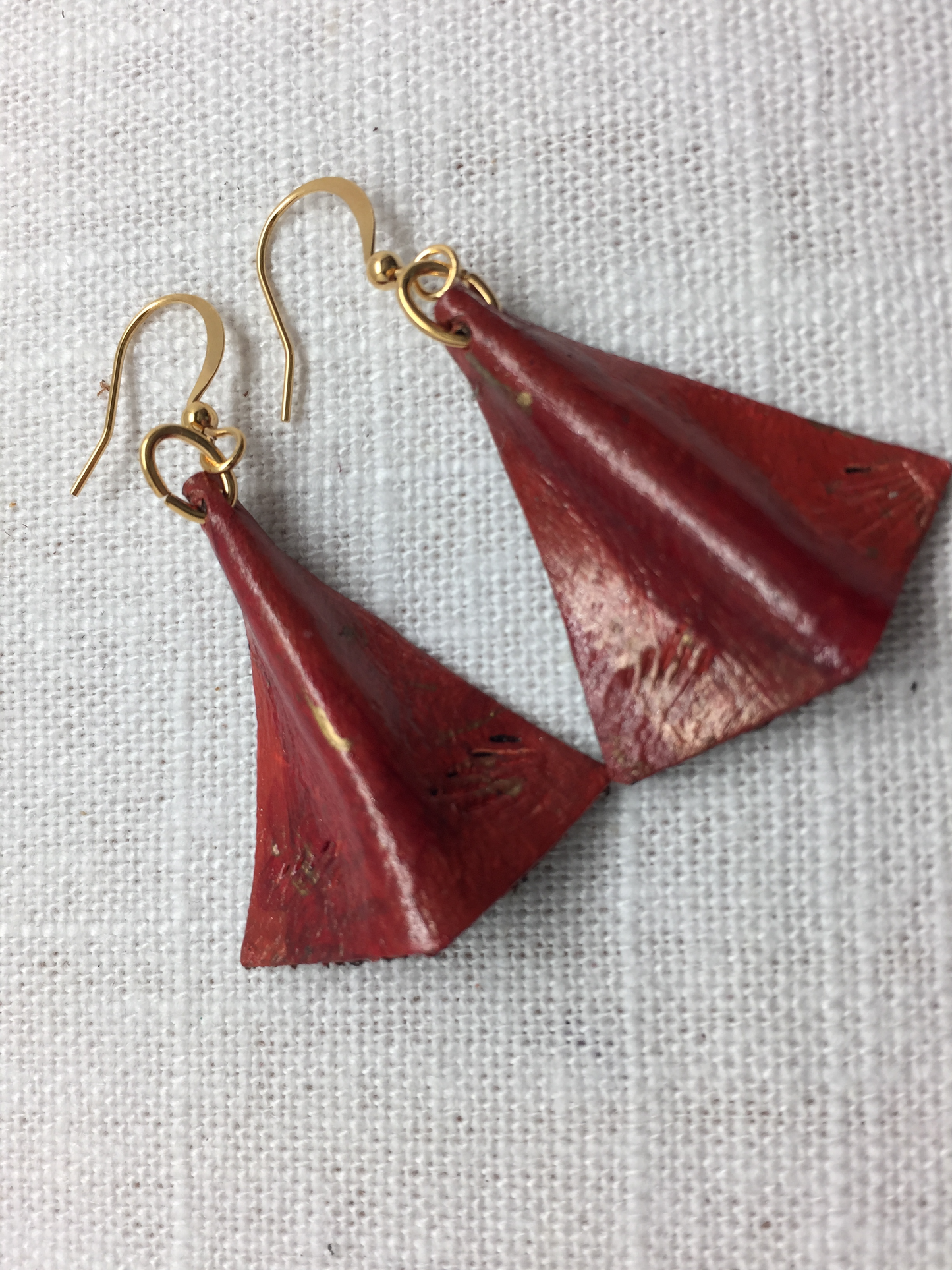 red and gold painted leather earrings