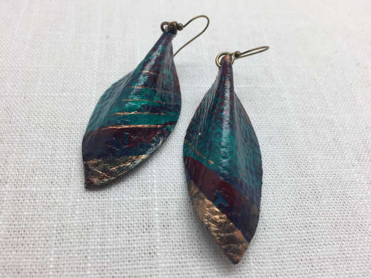 burgundy and bronze painted leather earrings