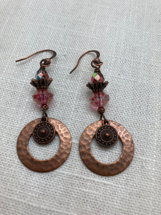 hammered copper dangle earrings with pink beads