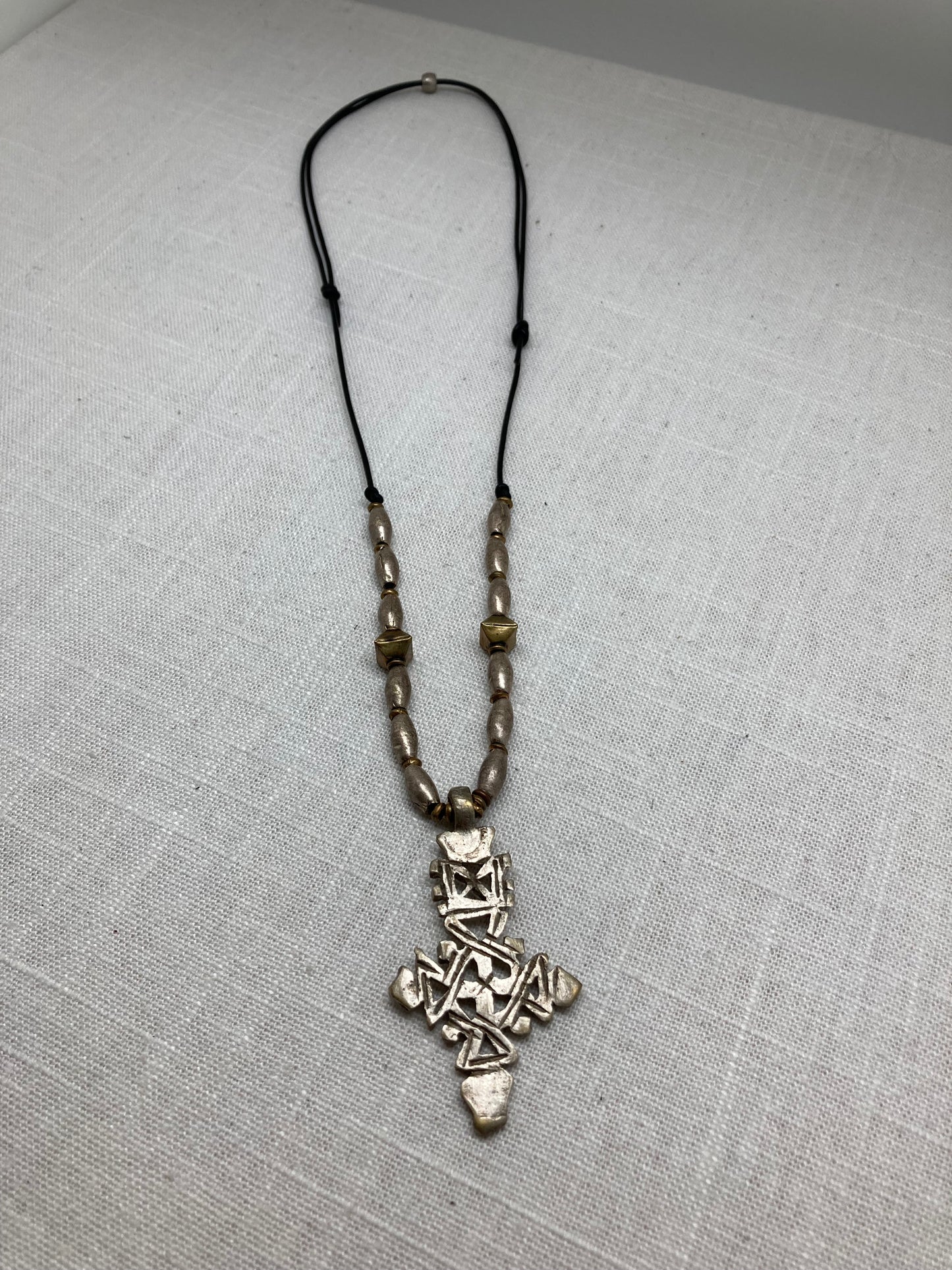 Pewter and Brass Cross Pendant Necklace